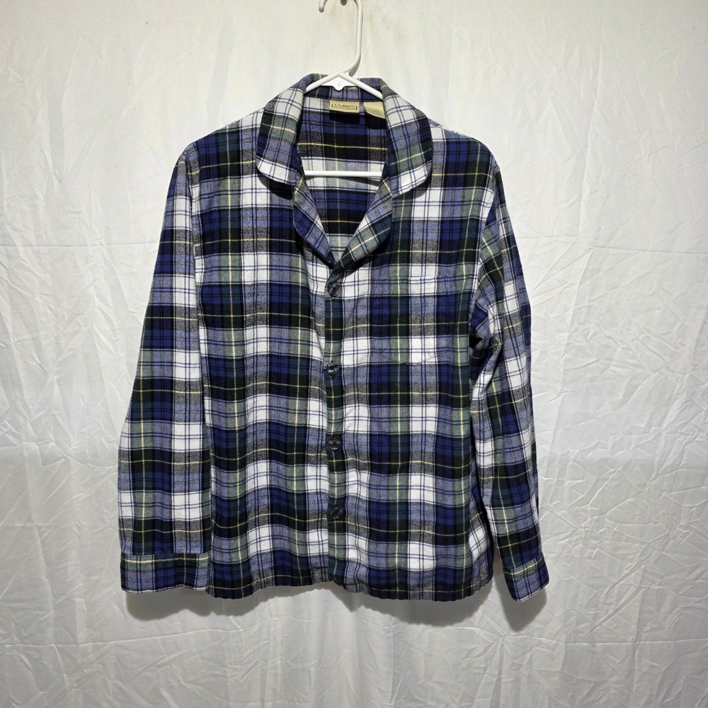 LL Bean Flannel Pajama Top Mens Medium Short Blue Plaid Cotton Sleep Shirt